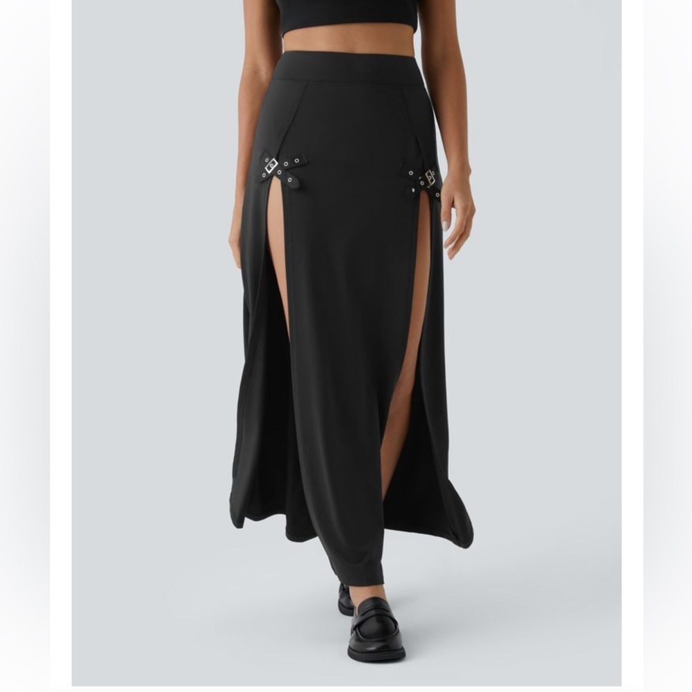 Black Split Maxi Skirt with Snap Detail